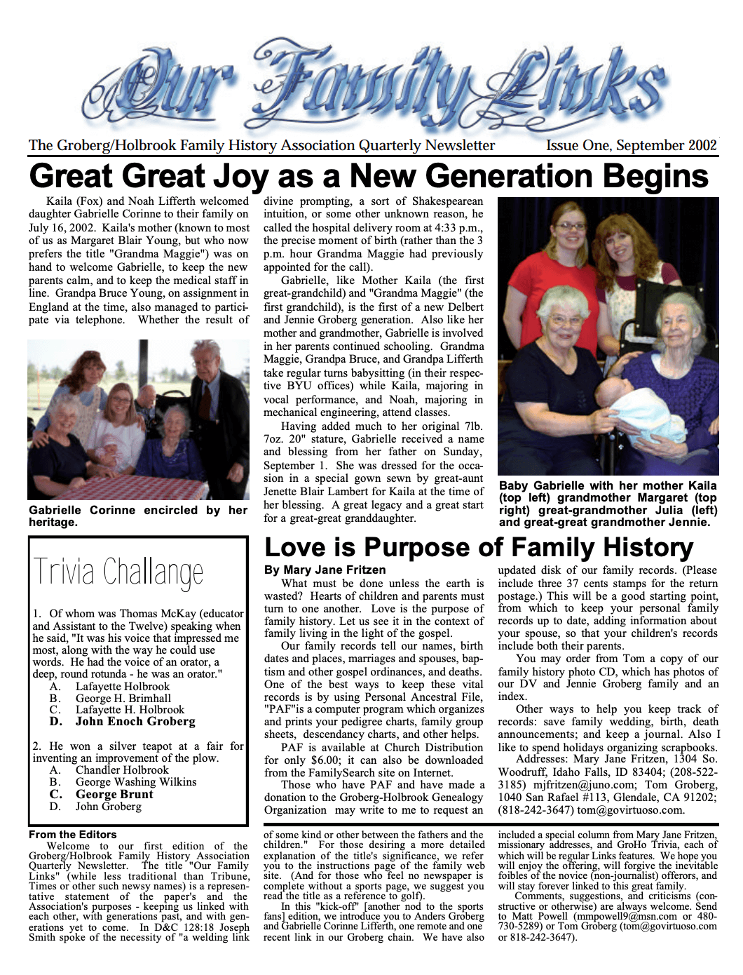 The front page of this issue's family newsletter