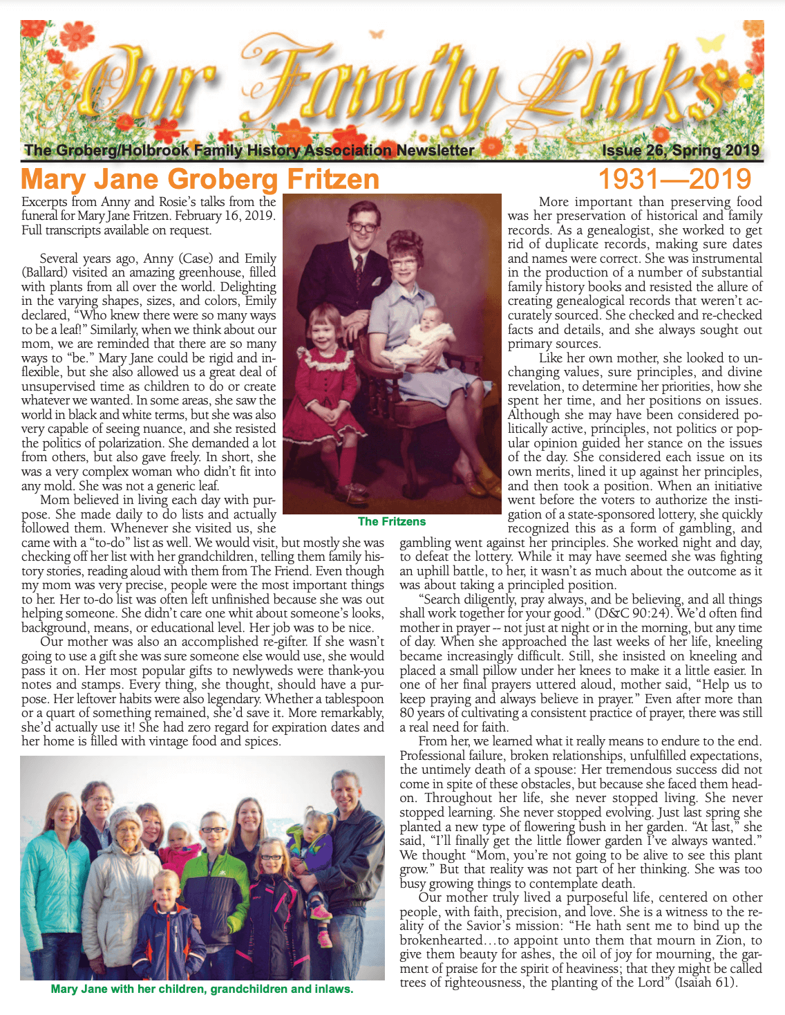The front page of this issue's family newsletter